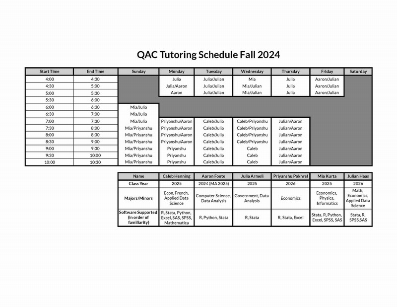 Fall 2024 Tutor Schedule